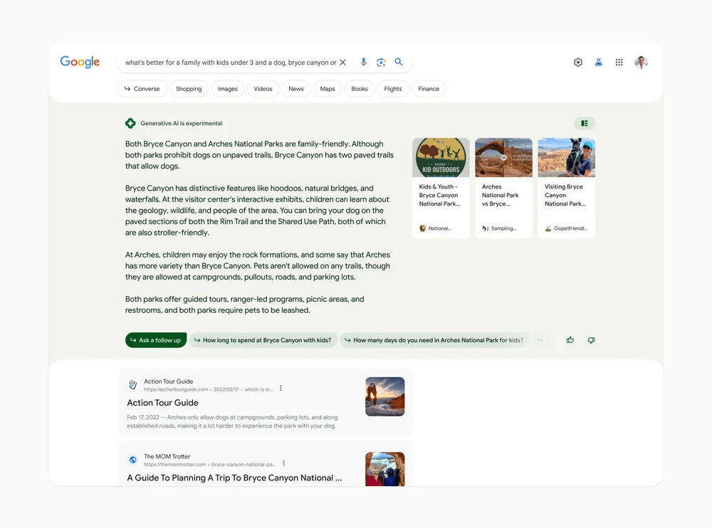 AI-generated search overview comparing Bryce Canyon and Arches National Park, summarizing multiple sources before traditional organic results