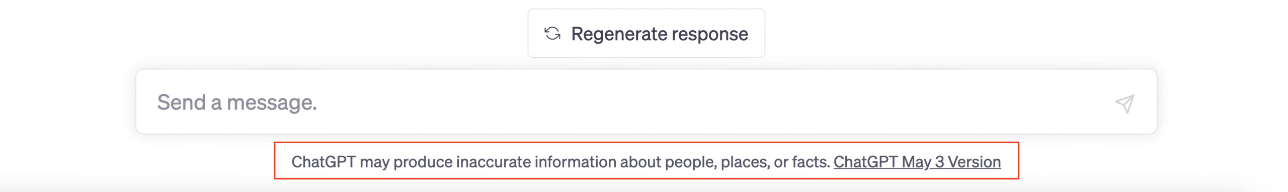 screenshot shows that ChatGPT states that it may produce inaccurate information about people, places, or facts
