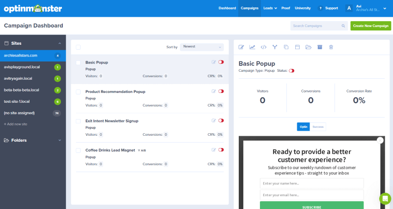 a look at the OptinMonster campaign dashboard