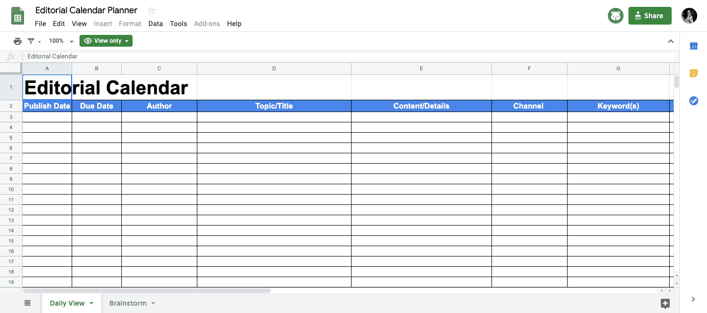 ClickMinded editorial calendar template