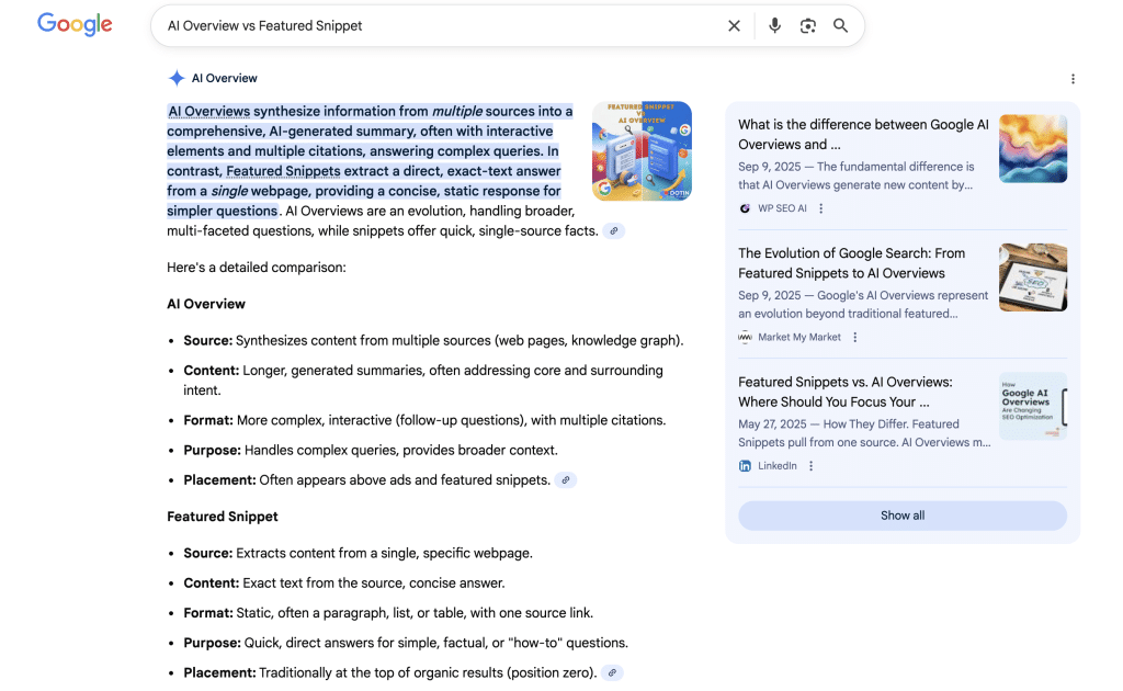 Google search results comparing AI Overviews vs featured snippets, showing an AI-generated summary explaining differences in sources, format, and placement in search results