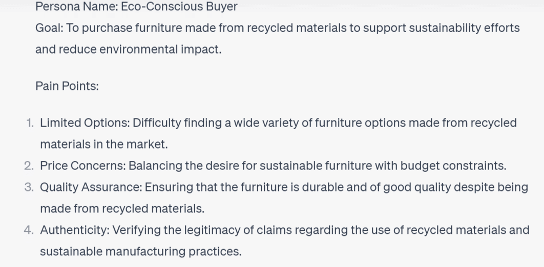 This screenshot shows the eco-conscious buyer persona’s goal and pain points.