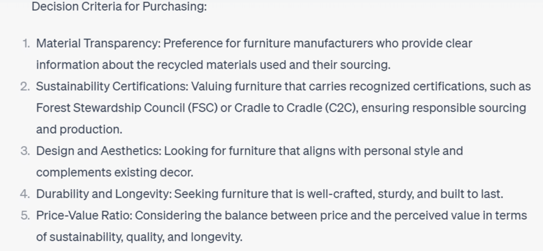 This screenshot shows the eco-conscious buyer persona’s decision criteria for purchasing.