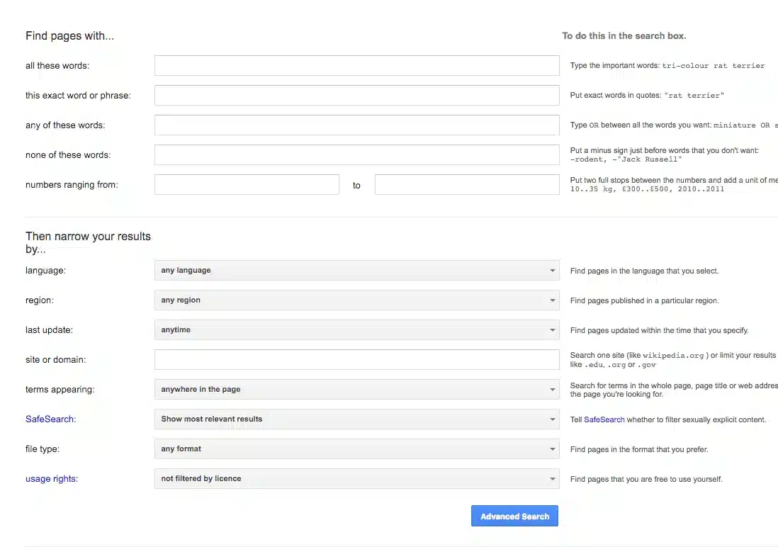 The Advanced Google Search page provides fields for narrowing a search