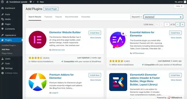 a screenshot of how to install Elementor for WordPress